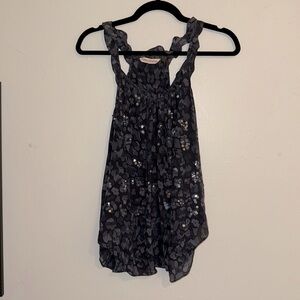 Rebecca Taylor Vneck sequin charcoal grey/navy/black ruffle racerback top size 4